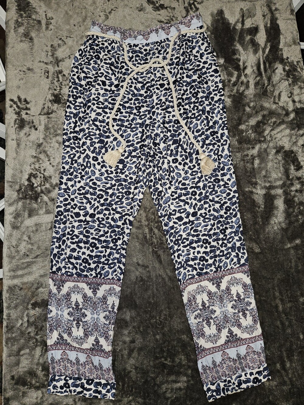 Ollari Blue Leopard Multi Print Knit Jogger Pants with Tassel Tie Sz M Coastal